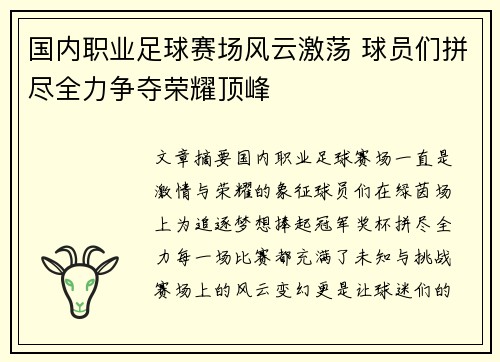 国内职业足球赛场风云激荡 球员们拼尽全力争夺荣耀顶峰 国内职业足球赛场风云激荡 球员们拼尽全力争夺荣耀顶峰