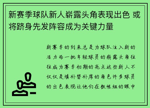 新赛季球队新人崭露头角表现出色 或将跻身先发阵容成为关键力量 新赛季球队新人崭露头角表现出色 或将跻身先发阵容成为关键力量