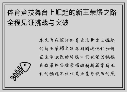 体育竞技舞台上崛起的新王荣耀之路全程见证挑战与突破
