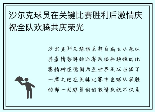 沙尔克球员在关键比赛胜利后激情庆祝全队欢腾共庆荣光