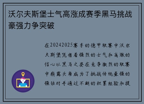沃尔夫斯堡士气高涨成赛季黑马挑战豪强力争突破 沃尔夫斯堡士气高涨成赛季黑马挑战豪强力争突破